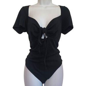 WILD FABLE Black Ribbed Stretchy Front Tie Keyhole Short Sleeve Bodysuit XL